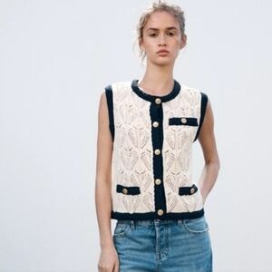 Zara Pointelle Crochet Knit Blue White Business Casual Sweater Vest Size Medium